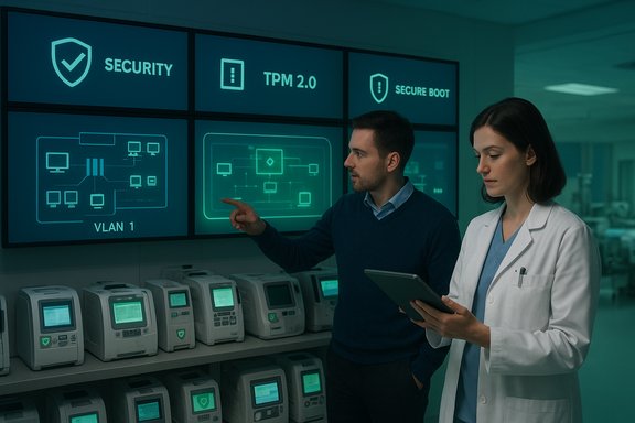 IT specialists review security dashboards and VLAN diagrams on large screens.