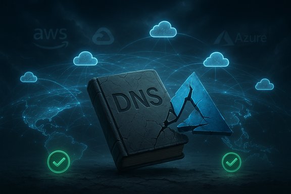 Cracked DNS book amid glowing cloud icons and global network lines, symbolizing cloud-based DNS.
