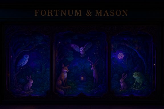 A three-panel, moonlit forest mural on Fortnum & Mason storefront filled with woodland animals.