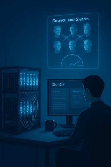 A person sits at a desk with a server rack, monitoring ChatOS on a screen as a glowing Council and Swarm graphic fills the wall.