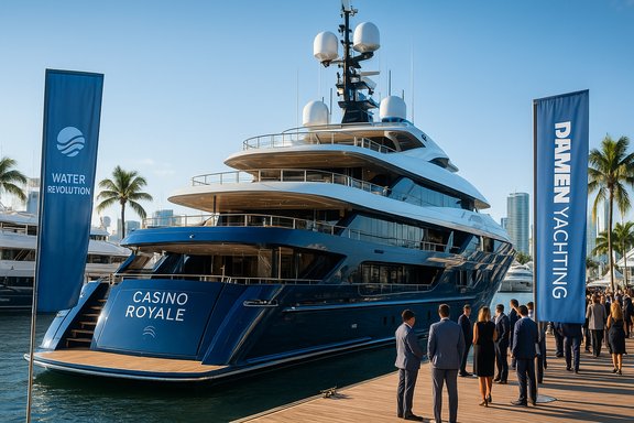 Luxurious blue yacht Casino Royale docked at a marina during a yacht show.