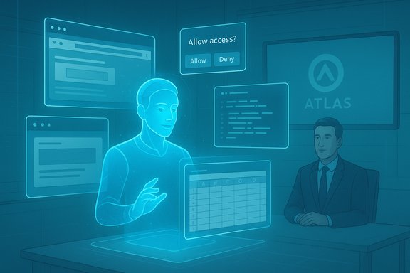 A holographic assistant presents data and an 'Allow access' prompt to a man in a conference room.