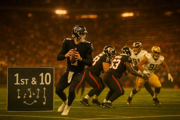 Falcons quarterback surveys the field as blockers protect him near a 1st & 10 sign.