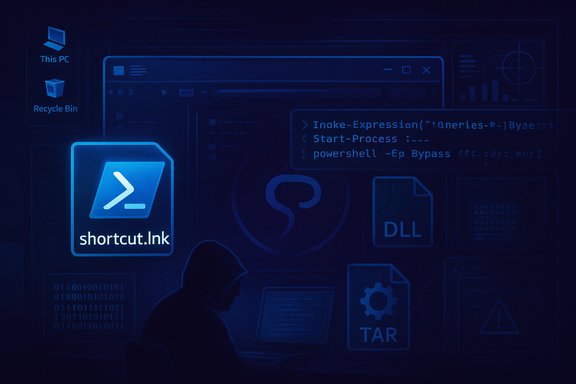 A dark blue tech scene featuring a shortcut.lnk icon, code snippets, and a silhouetted coder at a laptop.