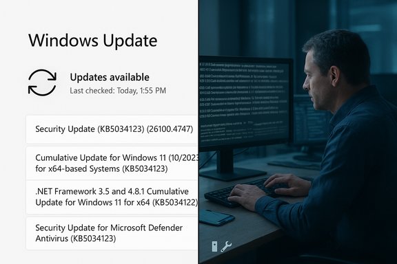Windows Update screen on the left and a man at a code-filled monitor in a dim data center.