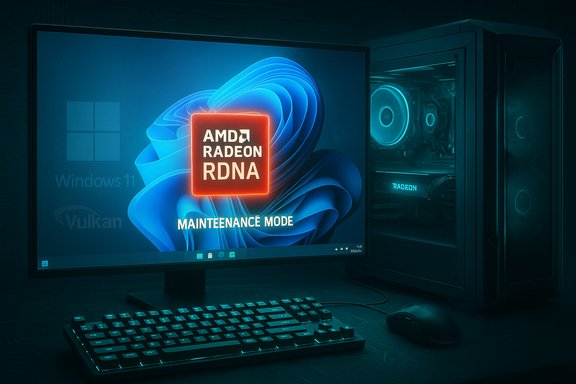 Blue-lit PC setup with Windows 11 and AMD RDNA 'Maintenance Mode' on the monitor.