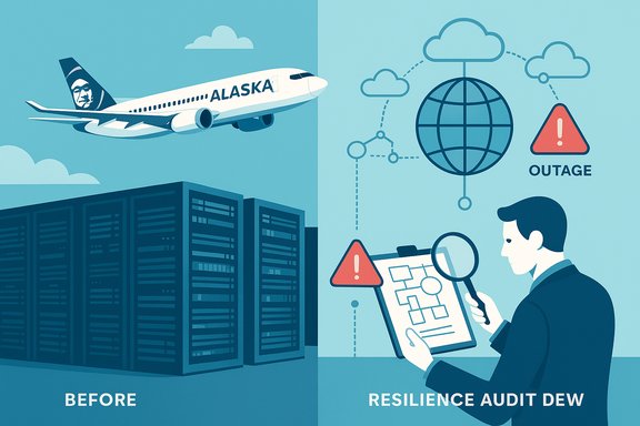 Split view: left shows a data center and Alaska plane (Before); right depicts a resilience audit with outage alerts.