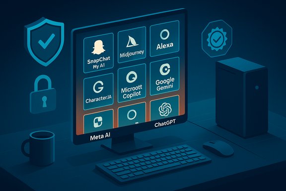 Blue desk setup with AI apps on a monitor and security icons.