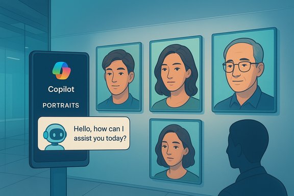 Portraits labeled Copilot Portraits line the wall as a friendly robot asks, 'Hello, how can I assist you today?'