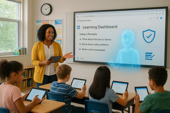 Teacher uses a digital Learning Dashboard as students work on tablets in a bright classroom.