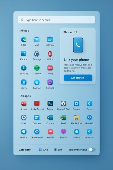 A Windows-style app launcher with a search bar, pinned icons, and a Phone Link panel.