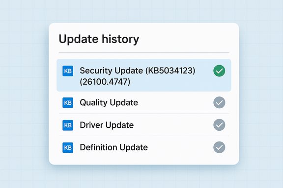 A white rounded panel titled 'Update history' listing several KB updates with check marks.