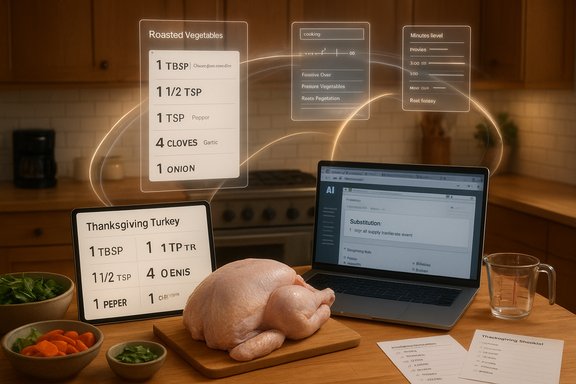 A raw Thanksgiving turkey with holographic recipe panels and a laptop in a cozy kitchen.