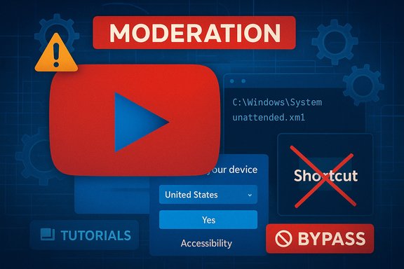 A tech collage depicting YouTube-style video moderation, warnings, and bypass concepts. A tech collage depicting YouTube-style video moderation, warnings, and bypass concepts.