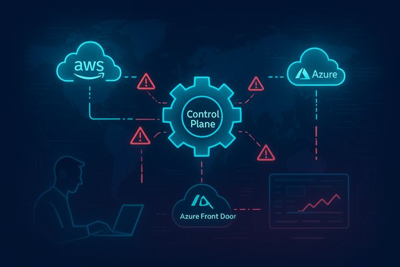 Neon control-plane gear links AWS, Azure, and Azure Front Door in a cloud network diagram. Neon control-plane gear links AWS, Azure, and Azure Front Door in a cloud network diagram.