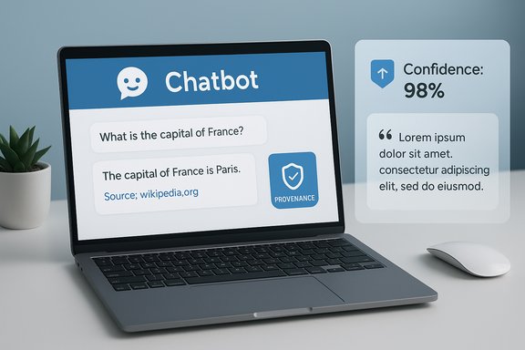 Laptop displays a chatbot discussing the capital of France with 98% confidence.