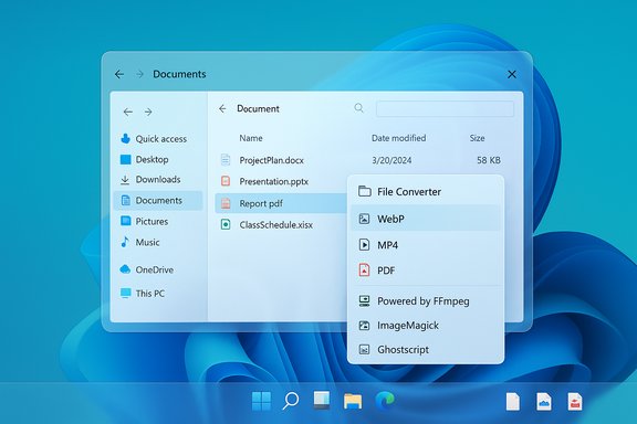 Windows-style file explorer showing Documents folder and a File Converter menu.