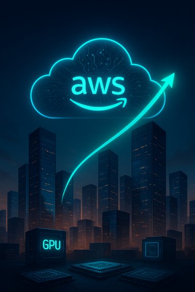 Neon AWS cloud glows over a futuristic city skyline with GPUs and a rising arrow.