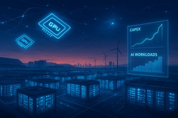 Futuristic cityscape with neon GPU chips and a holographic AI workloads dashboard.