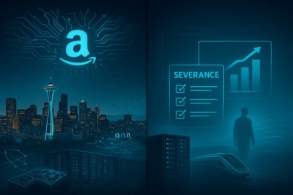 Blue-toned cityscape featuring the Amazon logo and a Severance-themed dashboard.