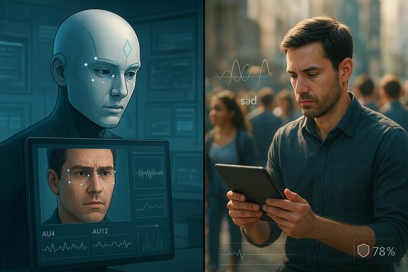 Split-screen: a robot analyzes a man’s face on a screen, while a man on the street looks sad at a tablet.