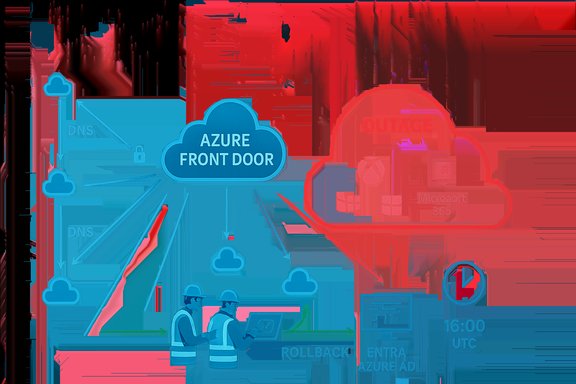 Azure Front Door routes traffic between clouds, with a red outage cloud on the right.