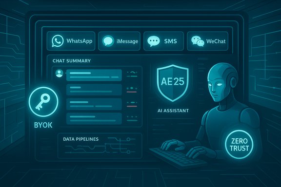 A futuristic AI assistant dashboard with zero-trust security, BYOK key, and messaging apps.
