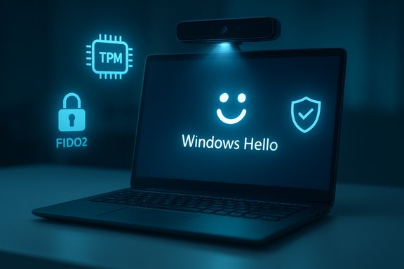 Laptop shows Windows Hello with glowing security icons like TPM, FIDO2, and shield.