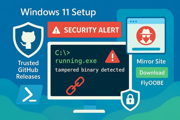 Windows 11 setup illustrated with security alerts about tampered binaries and secure downloads.