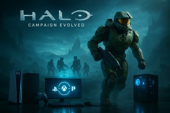 Halo: Campaign Evolved promotional art featuring a towering Spartan beside a glowing gaming rig.