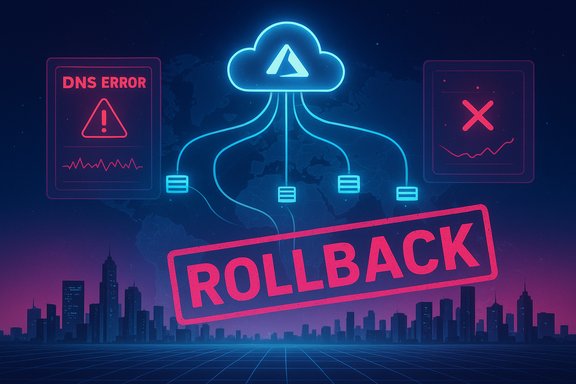 Neon cloud network links multiple servers above a city skyline, stamped with ROLLBACK.