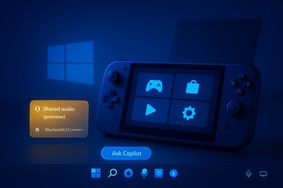 A handheld gaming console on a Windows-inspired blue UI with app tiles and a glowing 'Ask Copilot' button.