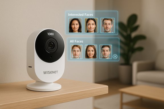 A white security camera on a table projects a holographic facial-recognition UI with multiple faces.