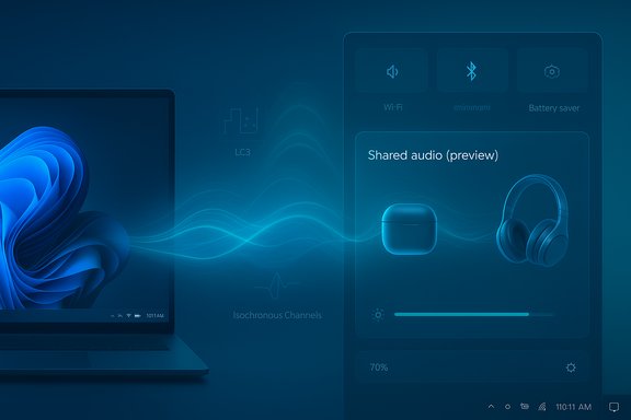 Blue-toned futuristic UI showing a laptop and a 'Shared audio' panel with wireless headphones.