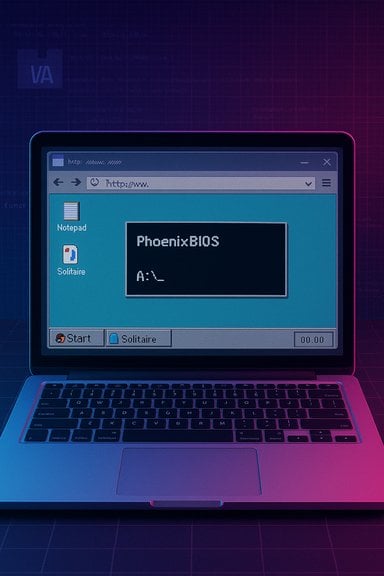 Retro laptop screen shows a Phoenix BIOS boot prompt on a Windows 95–style desktop.