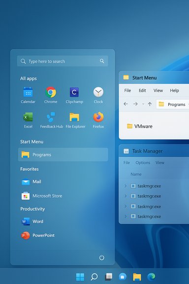 Blue Windows-style desktop with Start Menu and floating app icons. Blue Windows-style desktop with Start Menu and floating app icons.
