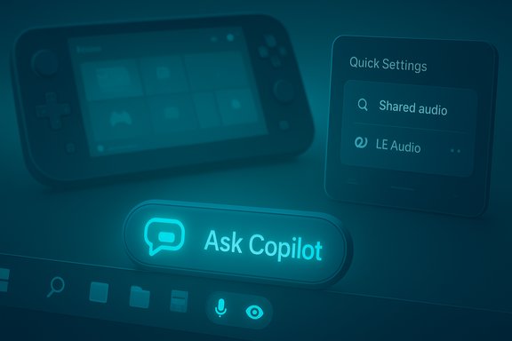 A glowing 'Ask Copilot' button floats above a futuristic 3D UI with quick settings and audio options.