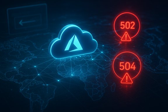 Blue Azure cloud icon with 502/504 error alerts on a global network map.