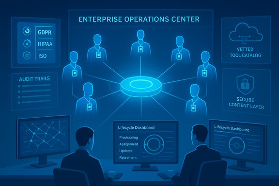 An enterprise operations center with a central hub connecting avatars to dashboards.