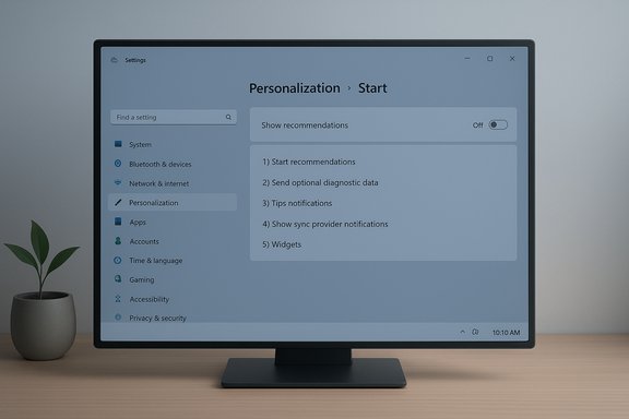 Monitor displays Windows Settings: Personalization > Start, with a Show recommendations toggle, on a desk beside a plant.