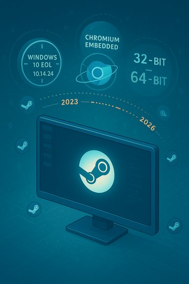 Futuristic teal illustration of a monitor displaying the Steam logo, amid OS and architecture icons.