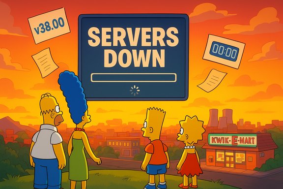 The Simpsons stare at a giant “Servers Down” screen as the sunset glows over Kwik-E-Mart.