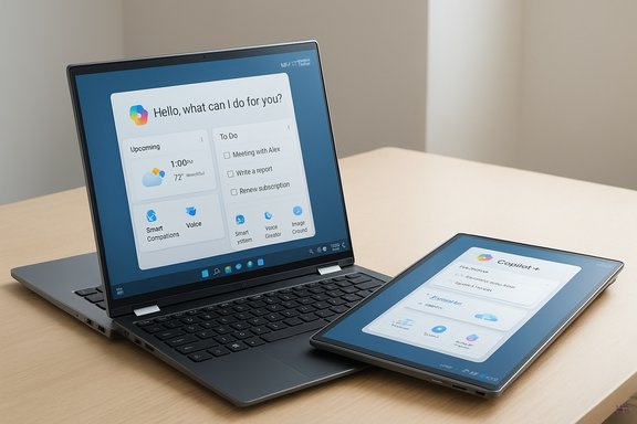 A laptop and a tablet on a wooden desk displaying AI Copilot interfaces.