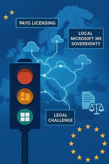 Europe cloud network shows PAYG licensing, local Microsoft 365 sovereignty, and a legal challenge.