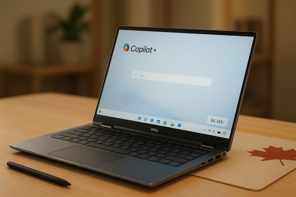 A Dell laptop on a wooden desk displays Copilot+ with a stylus nearby.