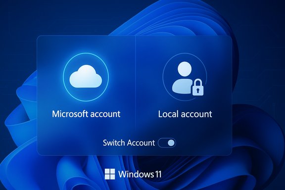 Windows 11 sign-in screen with Microsoft account and Local account options.