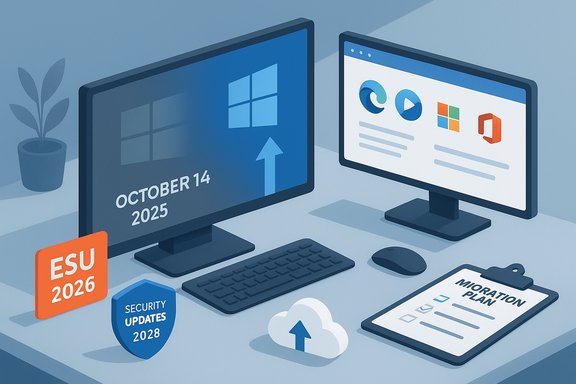 Two monitors show Windows update, security updates, cloud icon, and a migration plan.