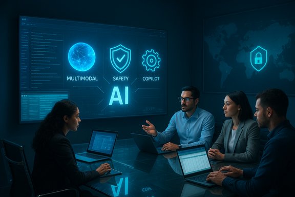A team discusses AI concepts on a blue, high-tech conference-room display.