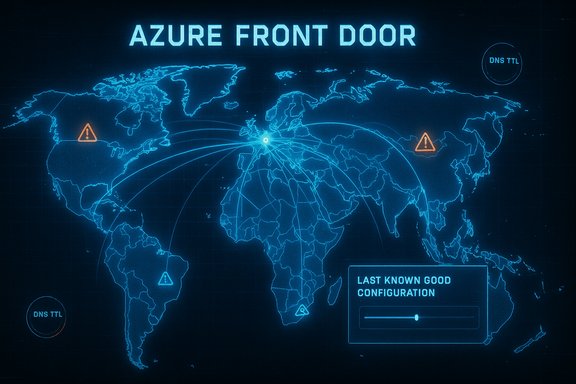Blue holographic map showing Azure Front Door global routes with DNS TTL alerts.