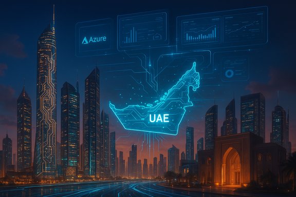 Futuristic UAE cityscape with glowing holographic Azure data dashboards above the skyline.